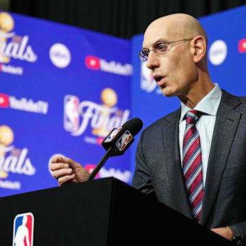 Jun 2, 2022; San Francisco, California, USA; NBA commissioner Adam Silver talks to media before game one of the 2022 NBA Finals between the Golden State Warriors and the Boston Celtics at Chase Center. Mandatory Credit: Darren Yamashita-Imagn Images