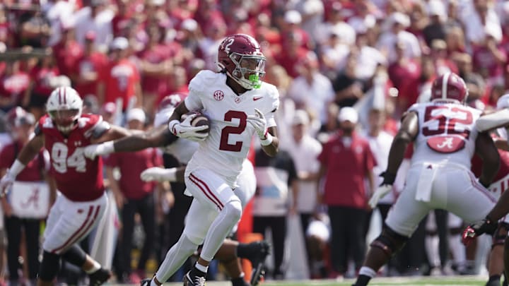 Sep 14, 2024; Madison, Wisconsin, USA;  Alabama Crimson Tide wide receiver Ryan Williams (2) during the game against the Wisconsin Badgers at Camp Randall Stadium. Mandatory Credit: Jeff Hanisch-Imagn Images