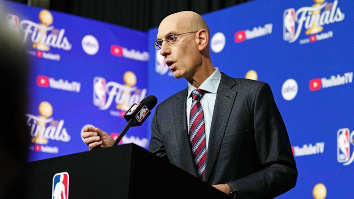 Jun 2, 2022; San Francisco, California, USA; NBA commissioner Adam Silver talks to media before game one of the 2022 NBA Finals between the Golden State Warriors and the Boston Celtics at Chase Center. Mandatory Credit: Darren Yamashita-Imagn Images