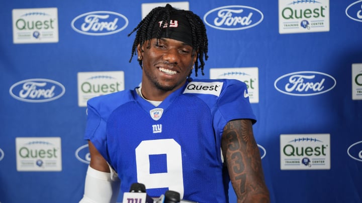 Jul 26, 2024; East Rutherford, NJ, USA; New York Giants wide receiver Malik Nabers (9) speaks at a press conference after Quest Diagnostics Training Center training camp.  