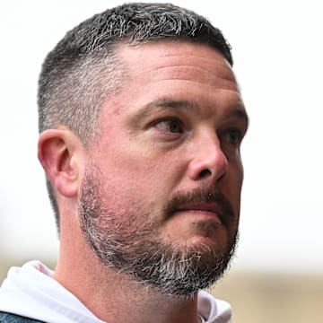 Nov 8, 2025; Iowa City, Iowa, USA; Oregon Ducks head coach Dan Lanning enters Kinnick Stadium before the game against the Iowa Hawkeyes. Mandatory Credit: Jeffrey Becker-Imagn Images