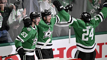 May 3, 2025; Dallas, Texas, USA; Dallas Stars center Wyatt Johnston (53) and center Matt Duchene (95) and center Roope Hintz (24) celebrate Johnston scoring the game winning goal against the Colorado Avalanche during the third period in game seven of the first round of the 2025 Stanley Cup Playoffs at American Airlines Center. Mandatory Credit: Jerome Miron-Imagn Images