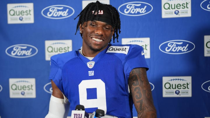 New York Giants wide receiver Malik Nabers speaks at a press conference after training camp