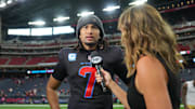 Oct 26, 2025; Houston, Texas, USA; Houston Texans quarterback C.J. Stroud (7) is interviewed following a game against the San Francisco 49ers at NRG Stadium. Mandatory Credit: Sean Thomas-Imagn Images