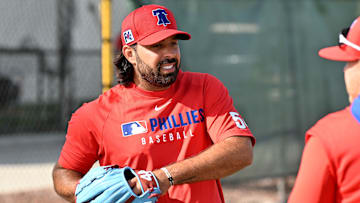 Feb 12, 2025; Clearwater, FL, USA; Philadelphia Phillies pitcher Nabil Crismatt (54) warms up during a spring training workout at Carpenter ComplexImages