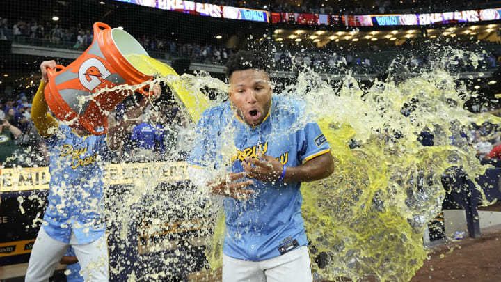Milwaukee Brewers left fielder Jackson Chourio (11) is dunked with Gatorade following the game against the Chicago Cubs at American Family Field on June 28.