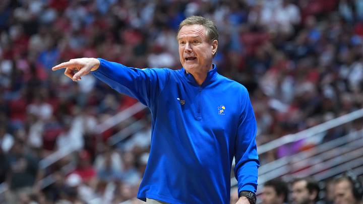 Mar 22, 2026; San Diego, CA, USA; Kansas Jayhawks head coach Bill Self reacts in the first half against the St. John's Red Storm during a second round game of the men's 2026 NCAA Tournament at Viejas Arena. Mandatory Credit: Kirby Lee-Imagn Images