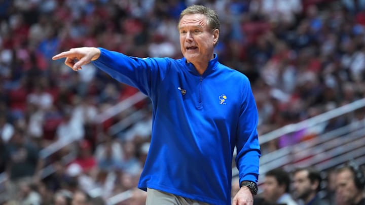 Mar 22, 2026; San Diego, CA, USA; Kansas Jayhawks head coach Bill Self reacts in the first half against the St. John's Red Storm during a second round game of the men's 2026 NCAA Tournament at Viejas Arena. 
