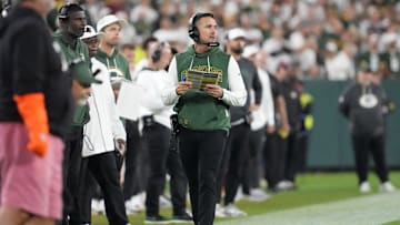 Sep 11, 2025; Green Bay, Wisconsin, USA; Green Bay Packers head coach Matt LaFleur looks on in the fourth quarter against the Washington Commanders at Lambeau Field. Mandatory Credit: Jeff Hanisch-Imagn Images