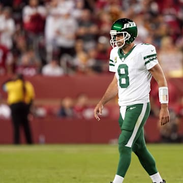 Sep 9, 2024; Santa Clara, California, USA; New York Jets quarterback Aaron Rodgers (8) walks off of the field during the fourth quarter against the San Francisco 49ers at Levi's Stadium. 