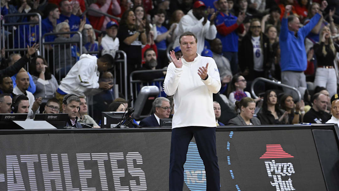 Mar 20, 2025; Providence, RI, USA;  Kansas Jayhawks head coach Bill Self reacts during the first half against the Arkansas Razorbacks at Amica Mutual Pavilion. Mandatory Credit: Eric Canha-Imagn Images