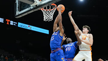 Nov 26, 2025; Las Vegas, NV, USA; Kansas Jayhawks forward Bryson Tiller (15) reacts for a rebound in the first half against the Tennessee Volunteers in the 2025 Players Era Festival third place game at MGM Grand Garden Arena. Mandatory Credit: Kirby Lee-Imagn Images