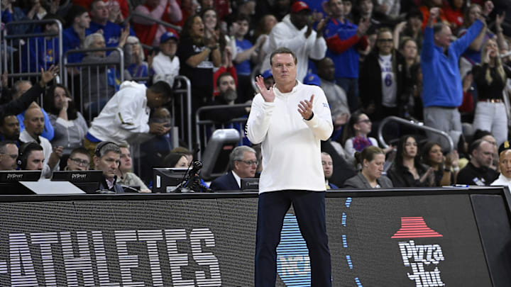 Mar 20, 2025; Providence, RI, USA;  Kansas Jayhawks head coach Bill Self reacts during the first half against the Arkansas Razorbacks at Amica Mutual Pavilion. Mandatory Credit: Eric Canha-Imagn Images