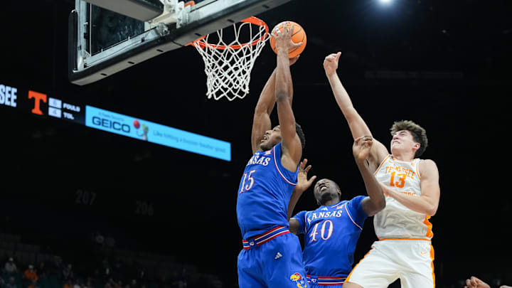 Nov 26, 2025; Las Vegas, NV, USA; Kansas Jayhawks forward Bryson Tiller (15) reacts for a rebound in the first half against the Tennessee Volunteers in the 2025 Players Era Festival third place game at MGM Grand Garden Arena. Mandatory Credit: Kirby Lee-Imagn Images