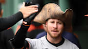 May 25, 2025; Boston, Massachusetts, USA; Baltimore Orioles right fielder Ryan O'Hearn (32) celebrates with his teammates after hitting a solo home run against the Boston Red Sox during the sixth inning at Fenway Park
