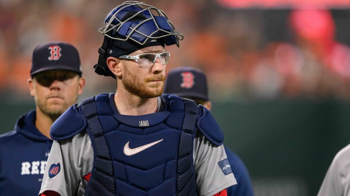 Aug 17, 2024; Baltimore, Maryland, USA; Boston Red Sox catcher Danny Jansen (28) looks on prior to the game between the Baltimore Orioles and the Boston Red Sox at Oriole Park at Camden Yards. Mandatory Credit: Reggie Hildred-USA TODAY Sports