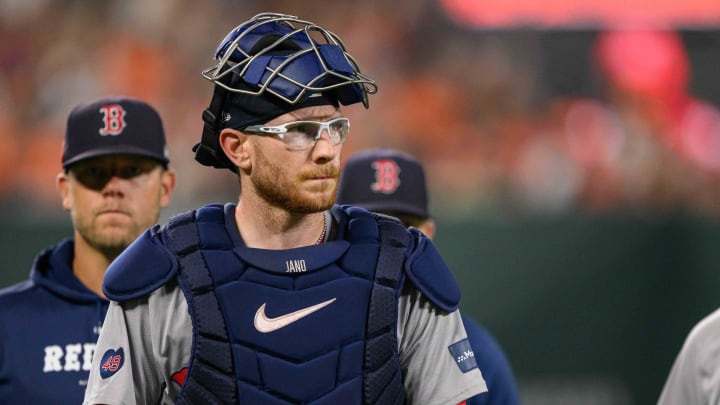 Red Sox catcher Danny Jansen looks on prior to the game between the Baltimore Orioles and the Boston Red Sox at Oriole Park at Camden Yards.