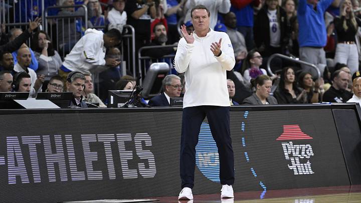 Mar 20, 2025; Providence, RI, USA;  Kansas Jayhawks head coach Bill Self reacts during the first half against the Arkansas Razorbacks at Amica Mutual Pavilion. 