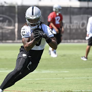 Jun 11, 2025; Henderson, NV, USA; Las Vegas Raiders wide receiver Dont'e Thornton Jr. (10) runs through a drill during Las Vegas Raiders Minicamp at Intermountain Health Performance Center. Mandatory Credit: Candice Ward-Imagn Images