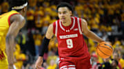 Jan 29, 2025; College Park, Maryland, USA; Wisconsin Badgers guard John Tonje (9) handles the ball during the first half against the Maryland Terrapins at Xfinity Center. Mandatory Credit: Reggie Hildred-Imagn Images