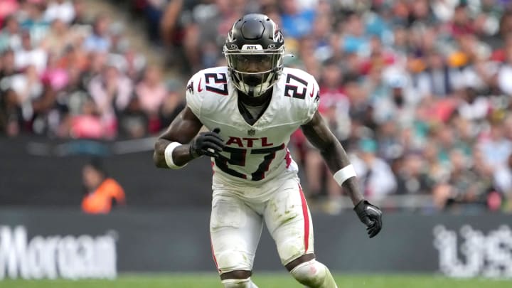 Oct 1, 2023; London, United Kingdom; Atlanta Falcons safety Richie Grant (27) against the Jacksonville Jaguars in the first half during an NFL International Series game at Wembley Stadium. 