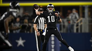 Dec 24, 2022; Arlington, Texas, USA; Philadelphia Eagles quarterback Gardner Minshew (10) in action during the game between the Dallas Cowboys and the Philadelphia Eagles at AT&T Stadium. Mandatory Credit: Jerome Miron-Imagn Images