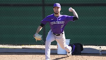 Scottsdale, AZ, USA; Colorado Rockies pitcher Carson Palmquist (91) throws in the bullpen during Spring Training camp at Salt River Fields.