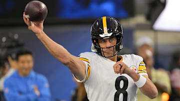 Nov 9, 2025; Inglewood, California, USA; Pittsburgh Steelers quarterback Aaron Rodgers (8) warms up before the game against the Los Angeles Chargers at SoFi Stadium. Mandatory Credit: Jayne Kamin-Oncea-Imagn Images