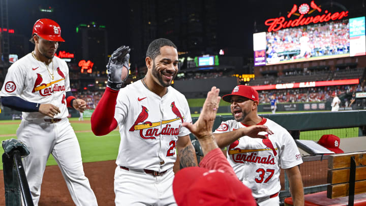 Jul 30, 2024; St. Louis, Missouri, USA;  St. Louis Cardinals pinch hitter Tommy Pham (29) celebrates with manager Oliver Marmol (37) after hitting a grand slam home run against the Texas Rangers during the fifth inning at Busch Stadium. Mandatory Credit: Jeff Curry-USA TODAY Sports