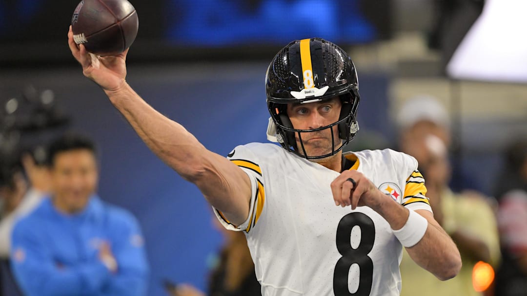 Nov 9, 2025; Inglewood, California, USA; Pittsburgh Steelers quarterback Aaron Rodgers (8) warms up before the game against the Los Angeles Chargers at SoFi Stadium. Mandatory Credit: Jayne Kamin-Oncea-Imagn Images