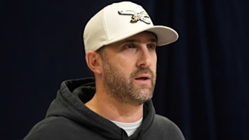 Feb 25, 2025; Indianapolis, IN, USA; Philadelphia Eagles coach Nick Sirianni speaks during the NFL Scouting Combine at the Indiana Convention Center. Mandatory Credit: Kirby Lee-Imagn Images
