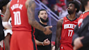 Oct 24, 2025; Houston, Texas, USA; Houston Rockets guard Fred VanVleet (5) talks with teammates during the third quarter against the Detroit Pistons at Toyota Center. Mandatory Credit: Troy Taormina-Imagn Images