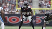 Aug 16, 2025; Houston, Texas, USA; Houston Texans safety M.J. Stewart (29) waits for a snap during the game against the Carolina Panthers at NRG Stadium. Mandatory Credit: Troy Taormina-Imagn Images