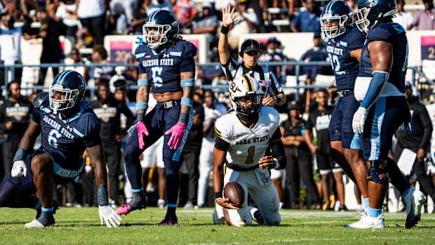 Jackson State defensive lineman Quincy Ivory and defensive back Shamar Hawkins