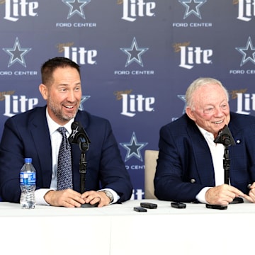Dallas Cowboys CEO Stephen Jones, head coach Brian Schottenheimer, and owner Jerry Jones speak to the media at a press conference at the Star.