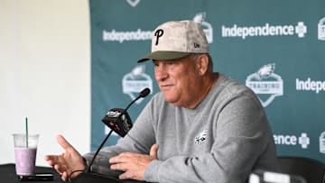 Jul 24, 2025; Philadelphia, PA, USA; Philadelphia Eagles defensive coordinator Vic Fangio addresses media during training camp at NovaCare Complex. Mandatory Credit: Kyle Ross-Imagn Images