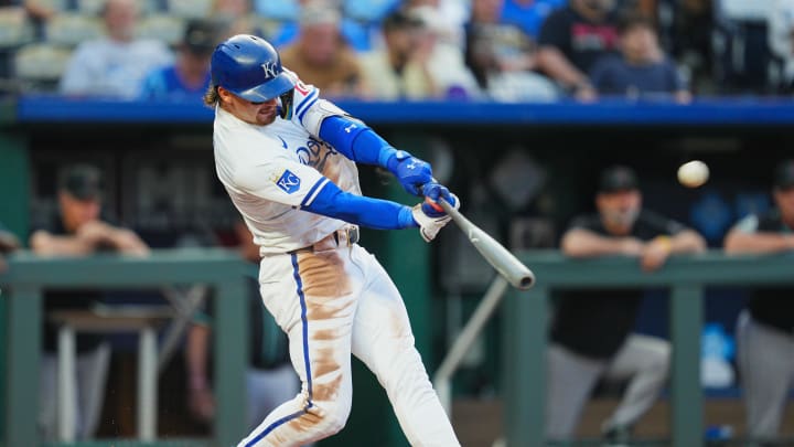 Kansas City Royals shortstop Bobby Witt Jr. (7) hits a double during the third inning against the Arizona Diamondbacks at Kauffman Stadium on July 22.