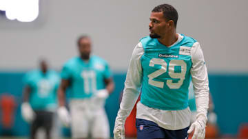 Jul 23, 2025; Miami Gardens, FL, USA; Miami Dolphins safety Minkah Fitzpatrick (29) looks on during training camp at Baptist Health Training Complex. 