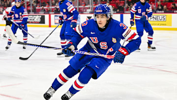RHD prospect Logan Hensler at the 2025 IIHF World Junior Championship Quarterfinals