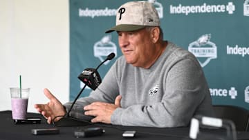  Philadelphia Eagles defensive coordinator Vic Fangio addresses media during training camp at NovaCare Complex.