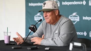 Jul 24, 2025; Philadelphia, PA, USA; Philadelphia Eagles defensive coordinator Vic Fangio addresses media during training camp at NovaCare Complex. Mandatory Credit: Kyle Ross-Imagn Images