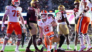 Oct 11, 2025; Chestnut Hill, Massachusetts, USA; Clemson Tigers quarterback Cade Klubnik (2) scores a touchdown against the Boston College Eagles during the first half at Alumni Stadium. Mandatory Credit: Eric Canha-Imagn Images