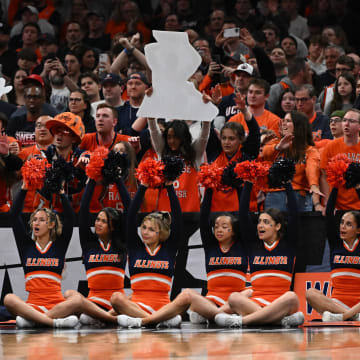 Mar 30, 2024; Boston, MA, USA; Illinois Fighting Illini cheerleaders react against the Connecticut Huskies in the finals of the East Regional of the 2024 NCAA Tournament at TD Garden. Mandatory Credit: Brian Fluharty-USA TODAY Sports