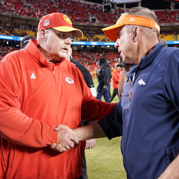Oct 12, 2023; Kansas City, Missouri, USA; Kansas City Chiefs head coach Andy Reid shakes hands with Denver Broncos head coach Sean Payton after the game at GEHA Field at Arrowhead Stadium. Mandatory Credit: Denny Medley-Imagn Images