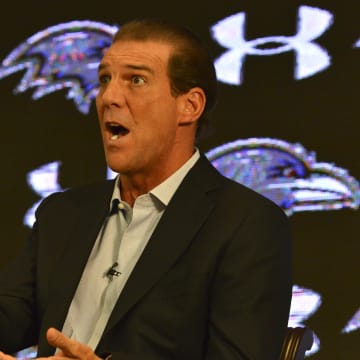 Sep 22, 2014; Owings Mills, MD, USA; Baltimore Ravens  owner Steve Bisciotti speaks during  press conference at Under Armour Performance Center. Mandatory Credit: Tommy Gilligan-USA TODAY Sports