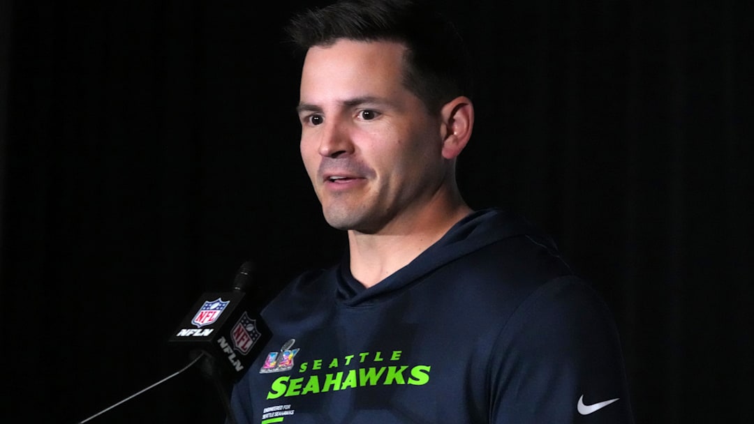 Seattle Seahawks head coach Mike MacDonald speaks to the media. Seattle Seahawks head coach Mike MacDonald speaks to the media.