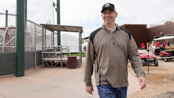 Cincinnati Reds president of baseball operations Nick Krall walks between fields at the Cincinnati Reds Player Development Complex in Goodyear, Ariz., on  Wednesday, Feb. 12, 2025. Mandatory Credit: Sam Greene/USA TODAY NETWORK via Imagn Images