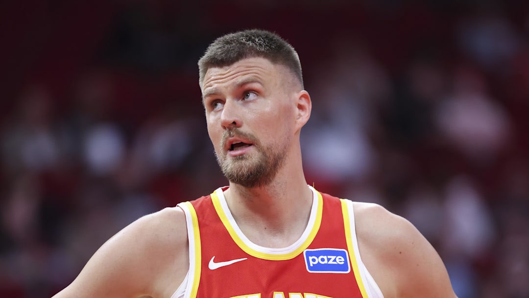 Oct 6, 2025; Houston, Texas, USA; Atlanta Hawks forward/center Kristaps Porzingis (8) reacts during the second quarter against the Houston Rockets at Toyota Center. 