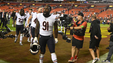 Oct 5, 2023; Landover, Maryland, USA; Chicago Bears defensive end Yannick Ngakoue (91) reacts after the game against the Washington Commanders at FedExField. Mandatory Credit: Brad Mills-USA TODAY Sports