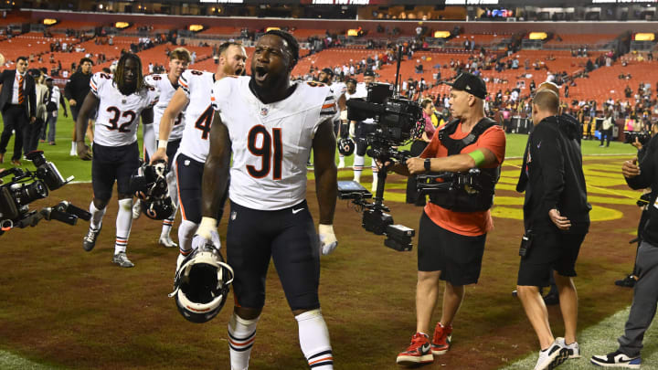 Oct 5, 2023; Landover, Maryland, USA; Chicago Bears defensive end Yannick Ngakoue (91) reacts after